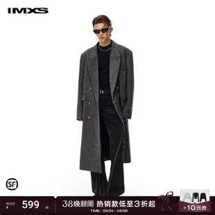 IMXS人字纹羊毛呢大衣双排扣西装毛呢大衣中长款宽松显瘦外套冬季