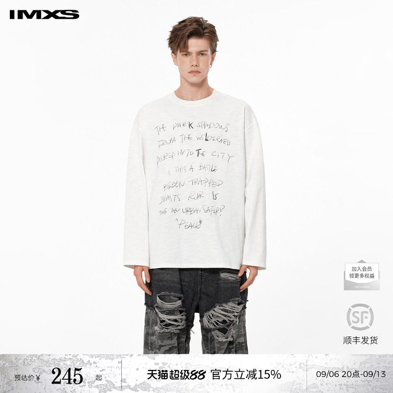 【明星同款】IMXS美式重磅字母长袖上衣白色纯棉宽松T恤男女同款图片