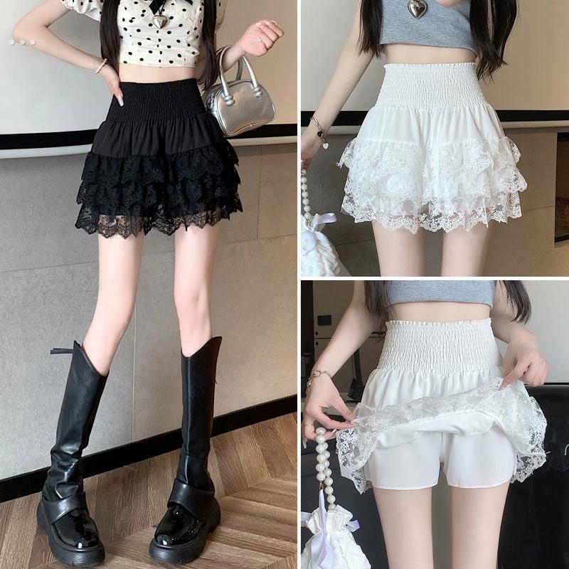 法式高腰a字蕾丝蛋糕裙遮肉显瘦宽松大码短裙夏季网纱蓬蓬半身裙