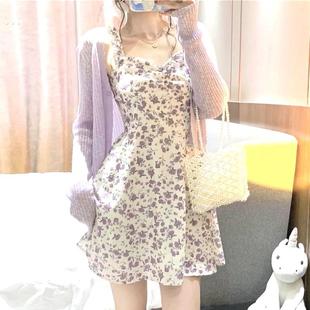 两件套装 雪纺短裙紫色碎花吊带连衣裙开衫 女夏 小个子法式 2024新款