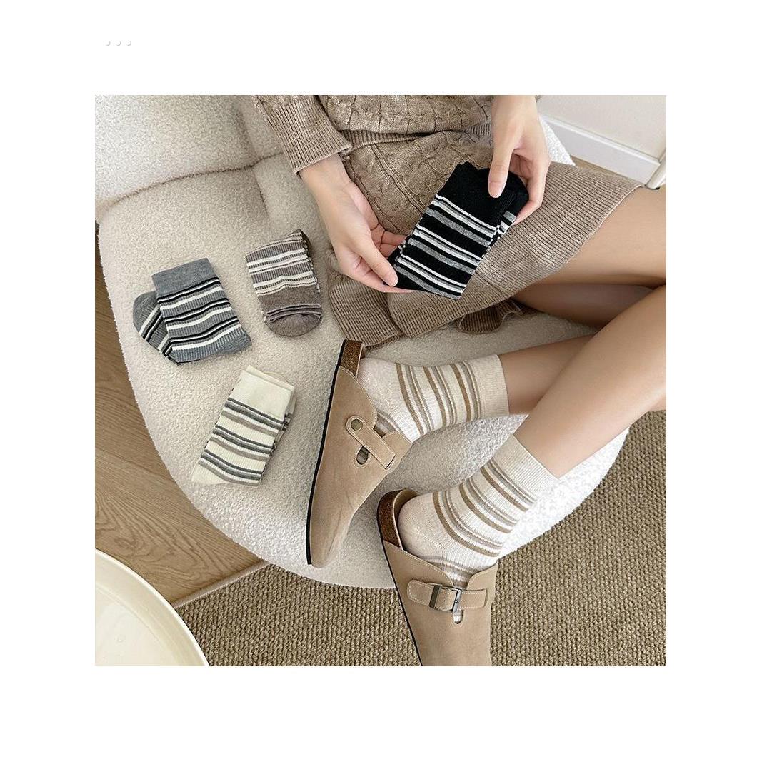 韩系条纹ins袜子女款春秋撞色宽松中筒长袜覆古学院拼色堆堆长筒