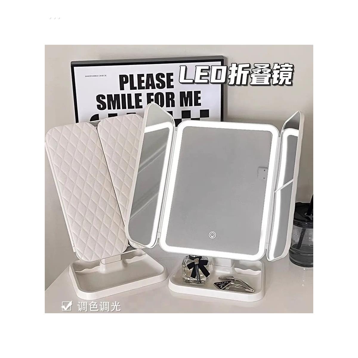 LED化妆镜子台式带灯折叠放大网红宿舍桌面美妆卧室梳妆镜女便携