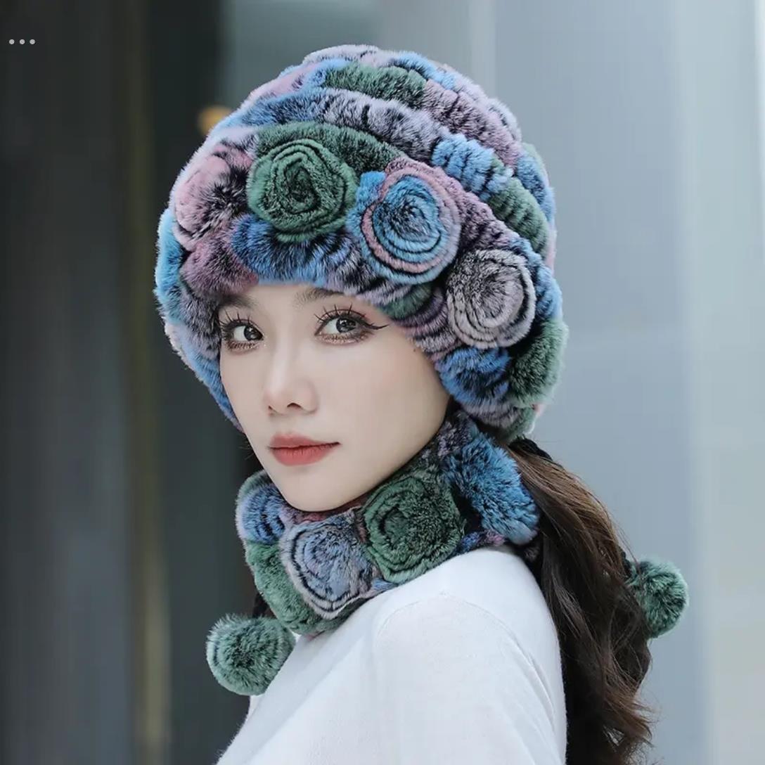 獭兔毛帽子时尚新款花朵护耳妈妈女皮草帽子加厚保暖