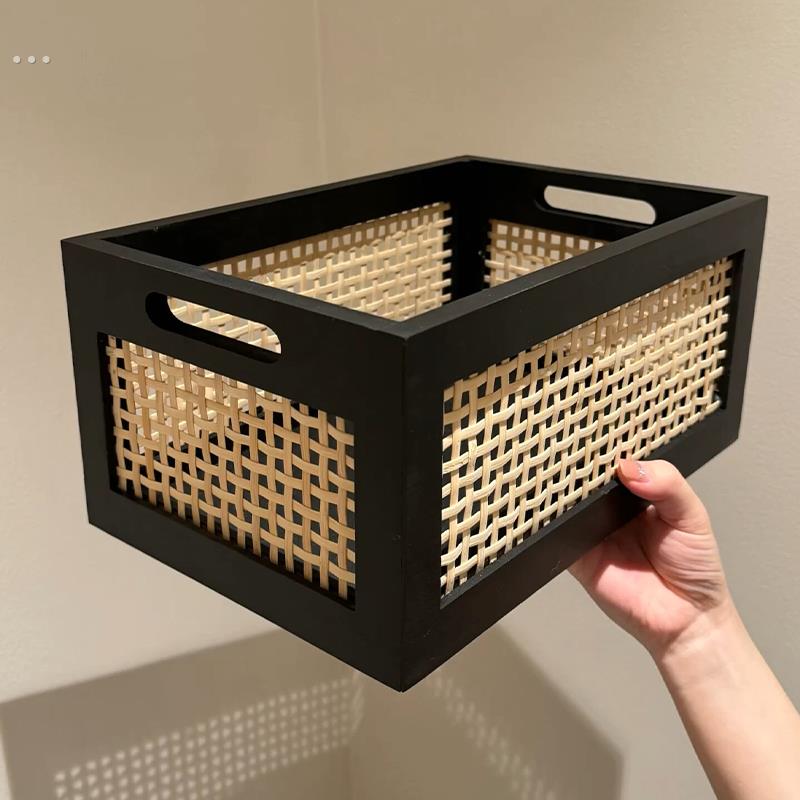 藤编实木收纳筐桌面收纳篮零食盒杂物化妆品收纳筐储物整理收纳盒