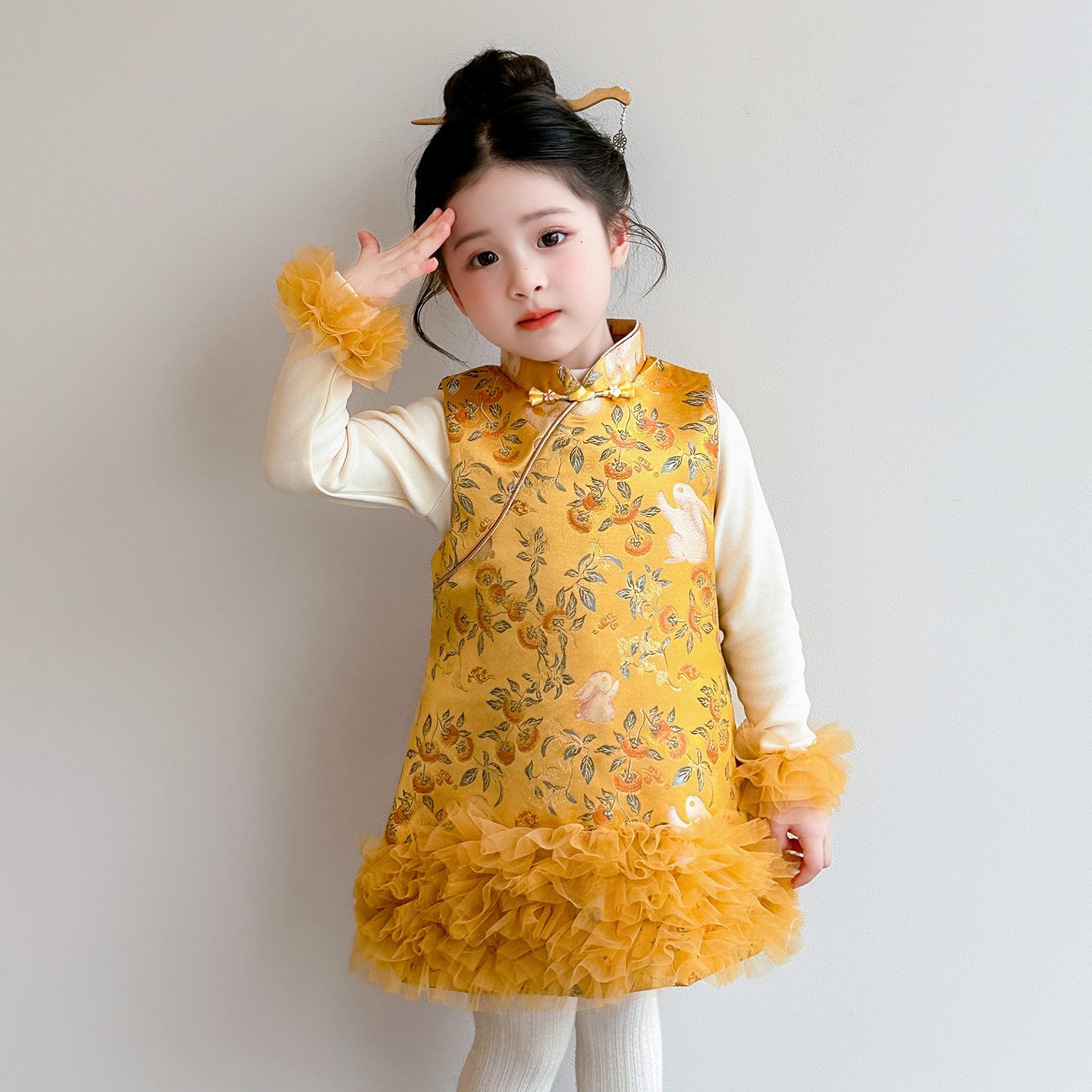女童旗袍连衣裙秋冬季新款儿童国风加绒加厚马甲背心裙宝宝拜年服
