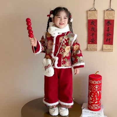 女小童喜庆汉服套装秋冬款女宝宝加厚拜年服冬装小女孩演出服唐装