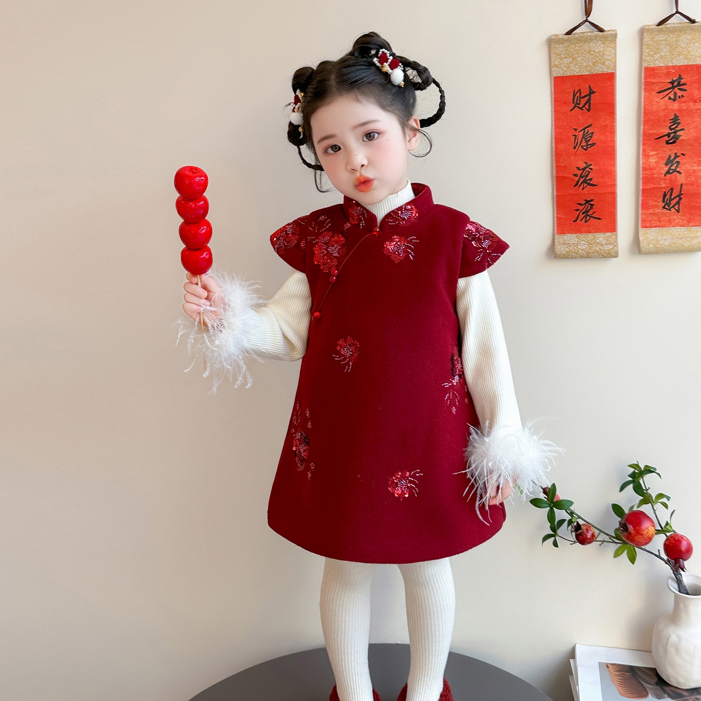 女童连衣裙2025新款秋冬周岁女宝礼服裙加绒儿童旗袍背心裙拜年服