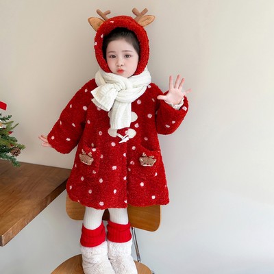 女童加绒外套秋冬季加厚儿童圣诞衣服女宝宝冬装超好看羊羔毛大衣