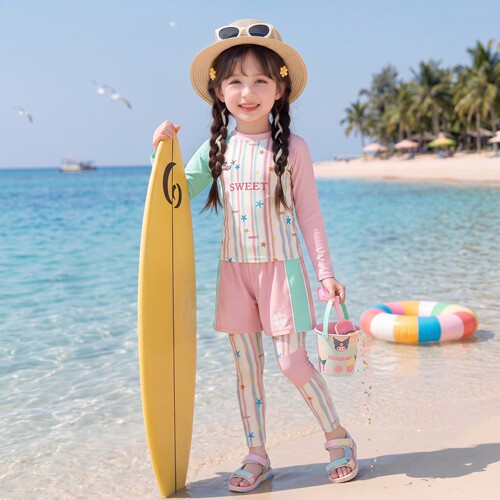 女童彩条星星速干防晒三件套泳衣2026夏季新款休闲风儿童套装泳衣
