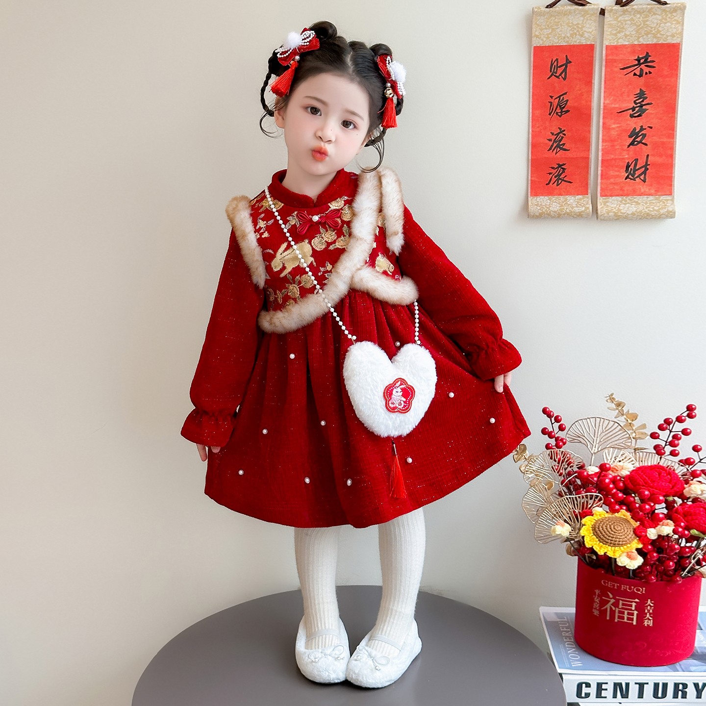 女童连衣裙红色国风拜年服