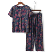 两件套衬衣老年妈妈衣服老年人棉绸上衣 奶奶短袖 中老年女夏装 套装