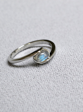 欧美小众文艺复古黄铜镀白金交叉镶嵌月光拉长石日常简约气质戒指