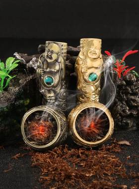 仿古玩黄铜烟具笑佛弥勒佛宝石铜烟杆烟头烟枪配件金属工艺品收藏