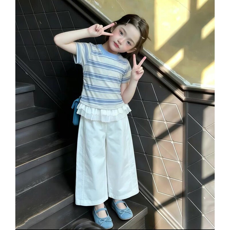 韩系女童夏薄条纹T恤裤套装