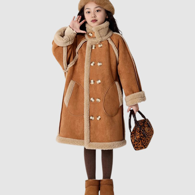 2025冬女童麂皮绒羊羔毛两面穿大衣中长款加绒加厚儿童毛毛外套潮