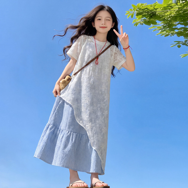 夏季女童格子薄款连衣裙套装