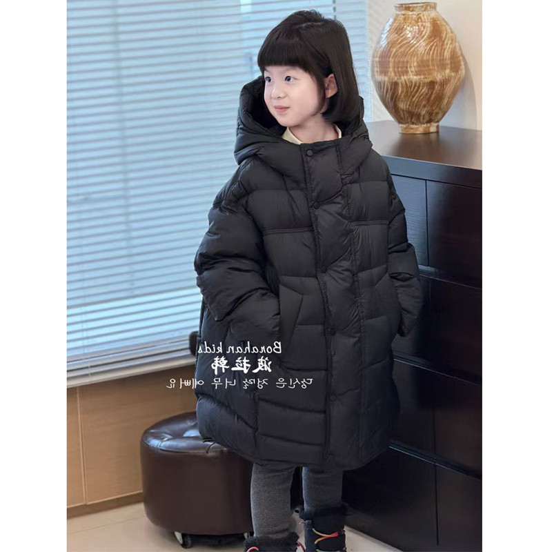 韩国童装女童保暖羽绒服2025冬季新款加厚中长款90白鸭绒连帽外套