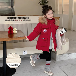 女童棉服冬装2025新款洋气儿童冬季派克服时髦小女孩红色加厚外套