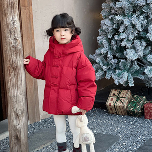 女童羽绒服短款2025冬装新款90新国标白鸭绒加厚女童宝宝连帽外套