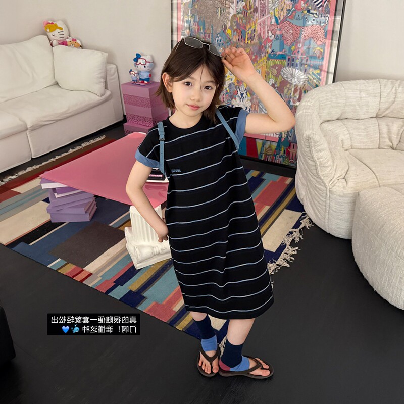 韩系撞色条纹大童T裙夏季新款