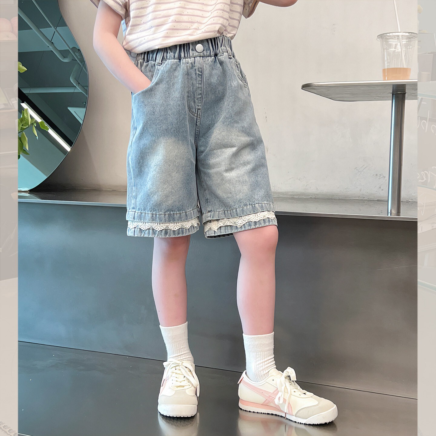女童蕾丝牛仔五分热裤夏季新款