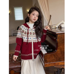 韩国女童秋冬季圣诞加厚毛衣2025儿童费尔岛连帽外套洋气针织开衫