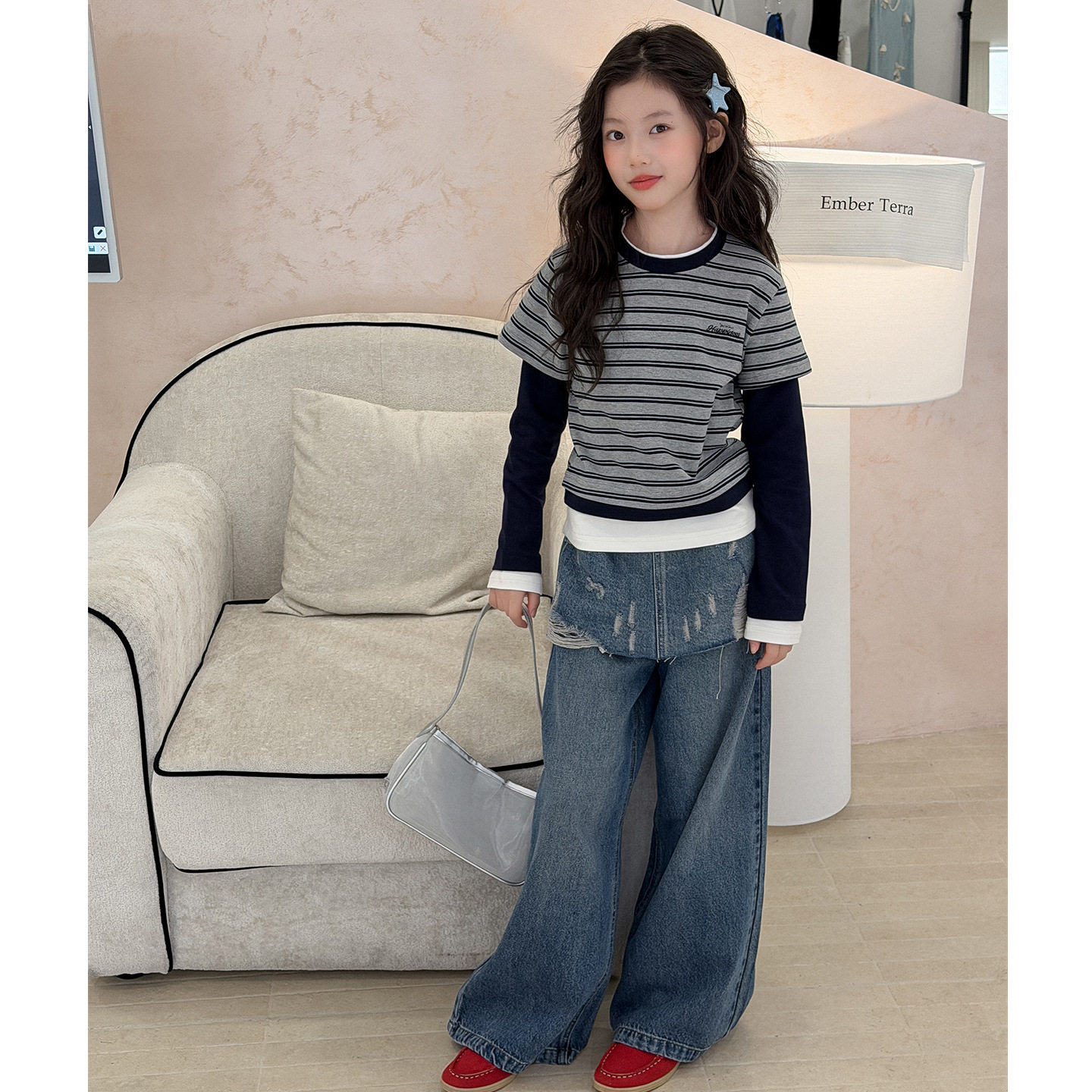 女童春秋条纹假两件牛仔套装图片