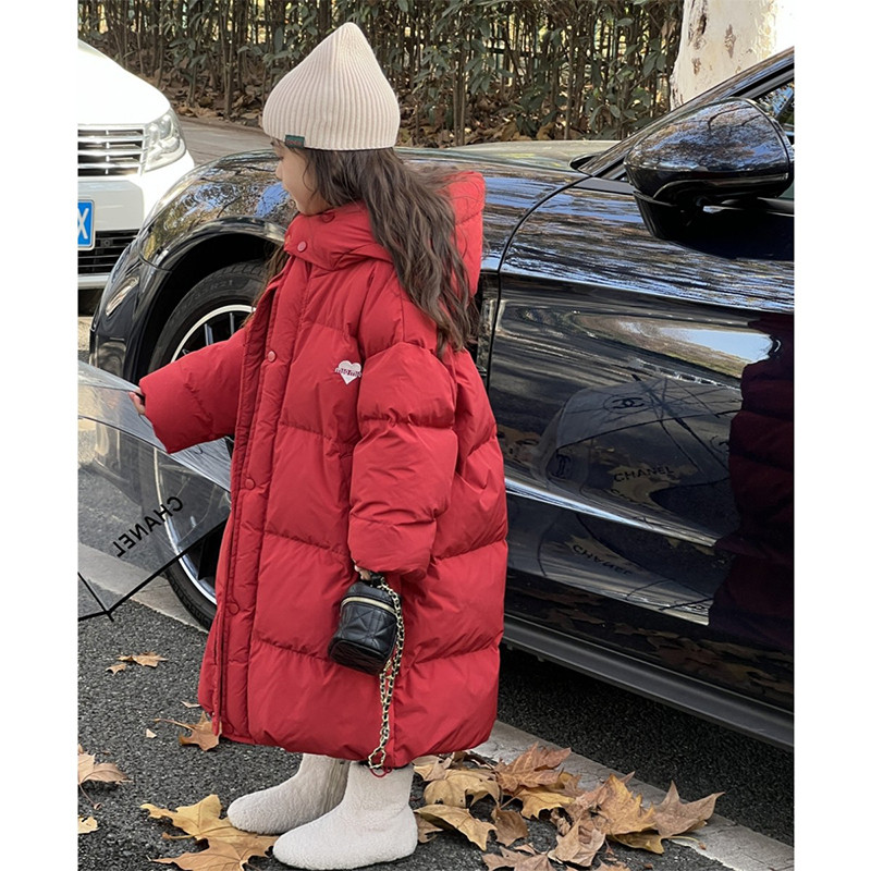 红色儿童羽绒服中长款过膝2025冬季新款男女童棉服韩系加厚外套潮