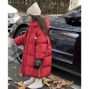 红色儿童羽绒服中长款过膝2025冬季新款男女童棉服韩系加厚外套潮