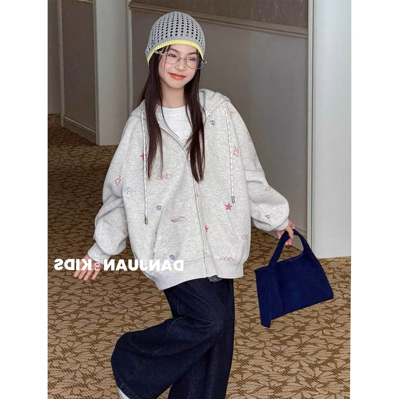 韩国童装2025秋冬季新款女童加绒外套儿童印花连帽卫衣洋气厚开衫