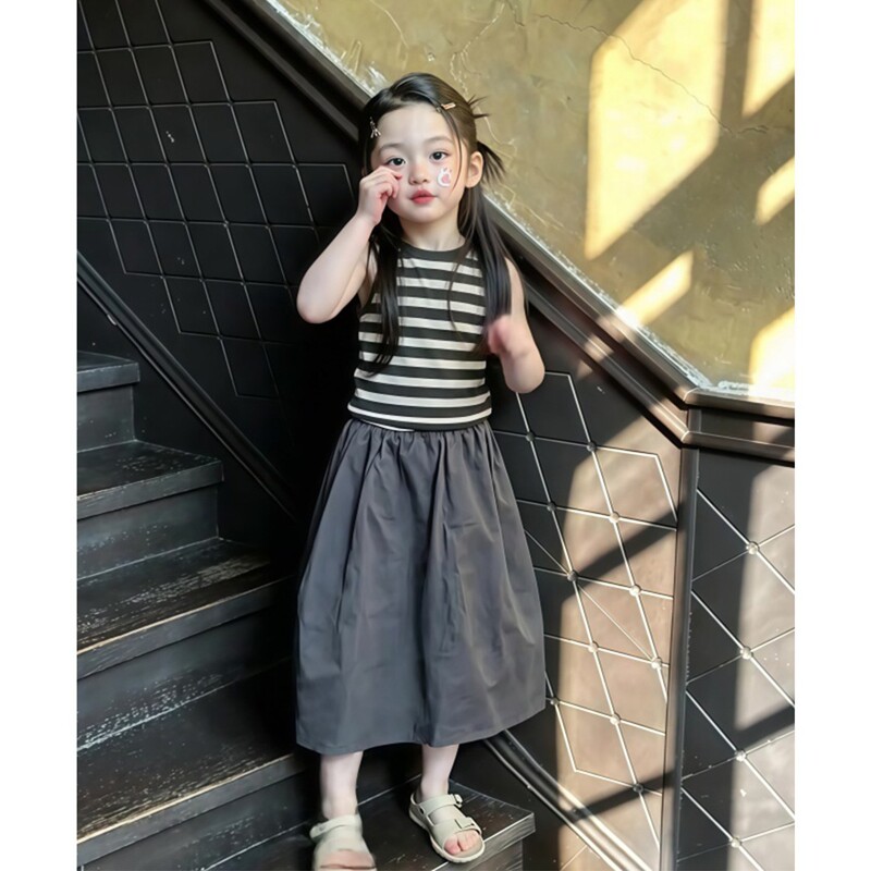 韩系女童夏薄条纹背心半裙套装