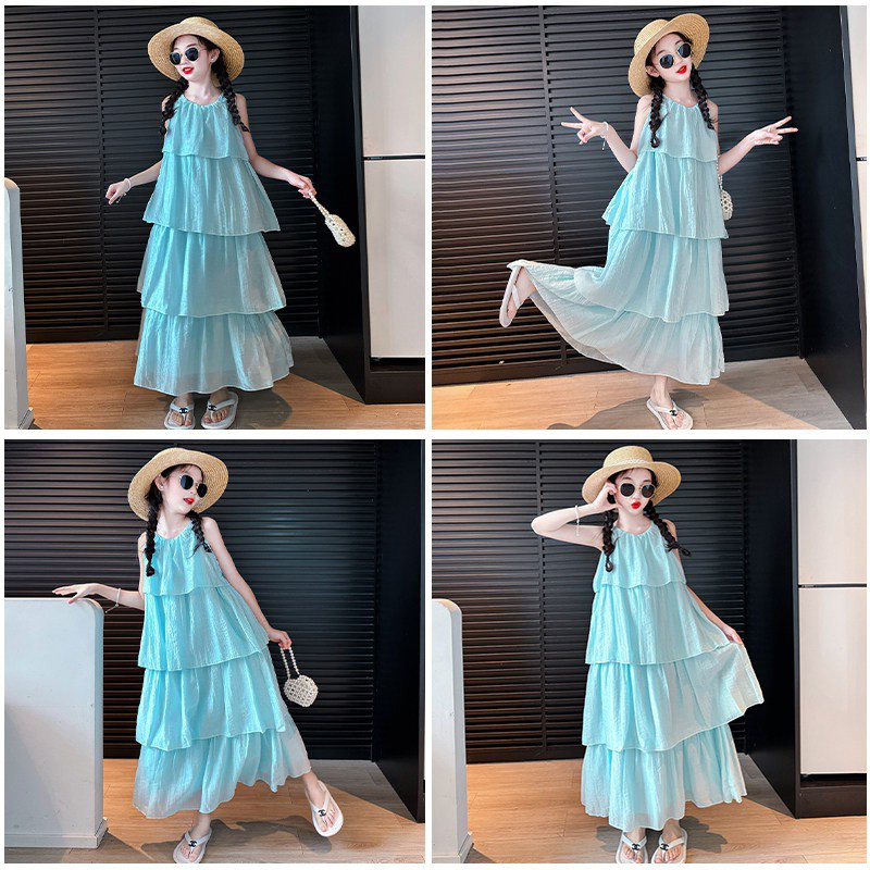 夏季女大童海边度假吊带连衣裙