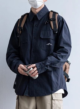 日系休闲复古长袖衬衫男女春秋季情侣工装多口袋宽松衬衣夹克外套