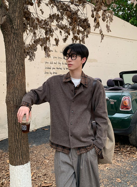 假两件拼接格纹衬衫领针织衫毛衣男女秋冬氛围感百搭开衫衬衣外套