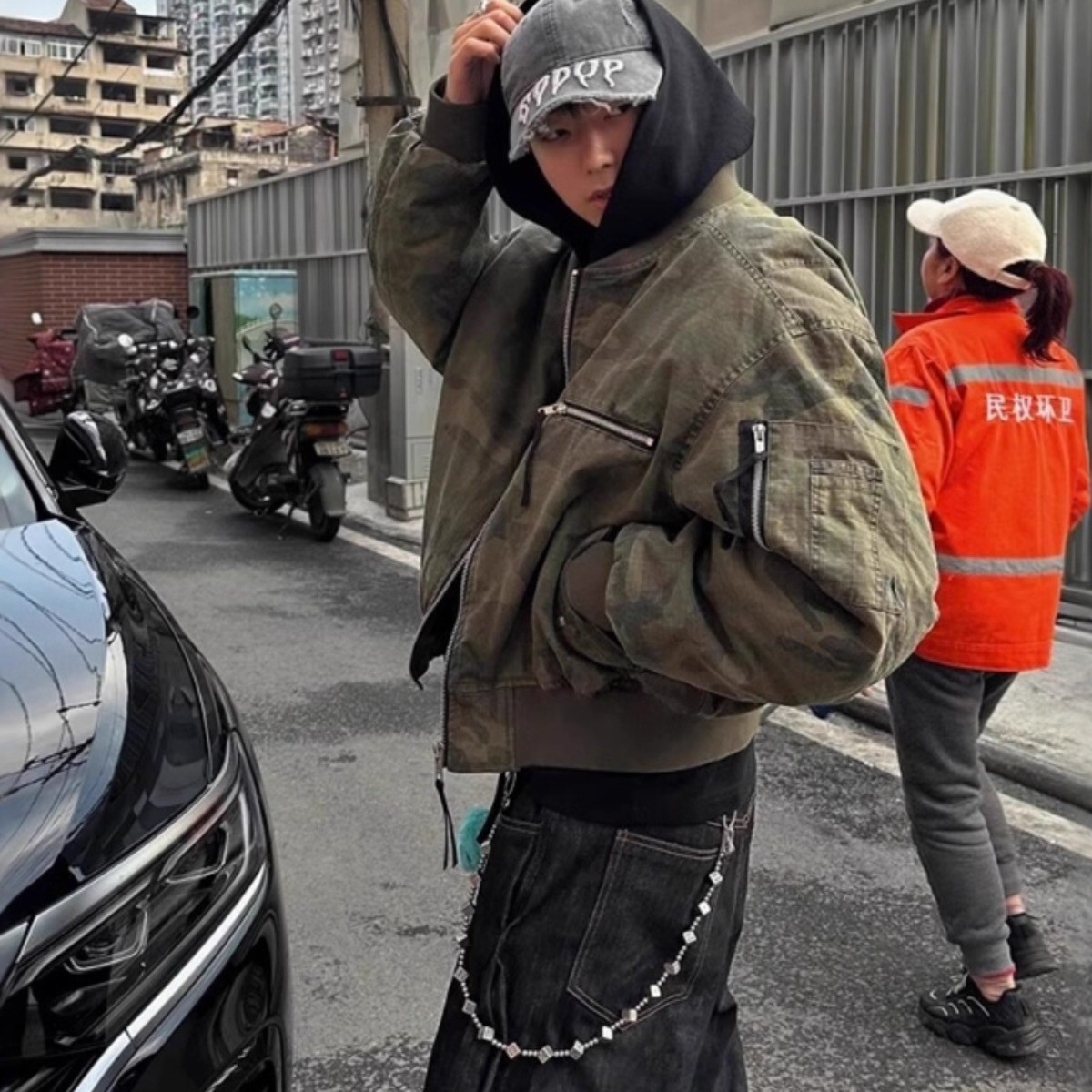 美式重磅迷彩连帽飞行夹克