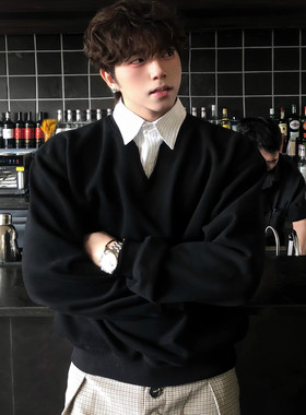 美式假两件条纹V领卫衣男女秋冬短款boxy套头上衣休闲长袖Polo衫