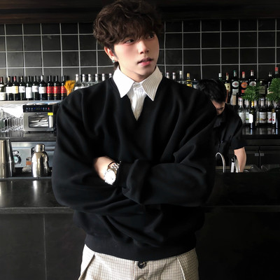 美式假两件条纹V领卫衣