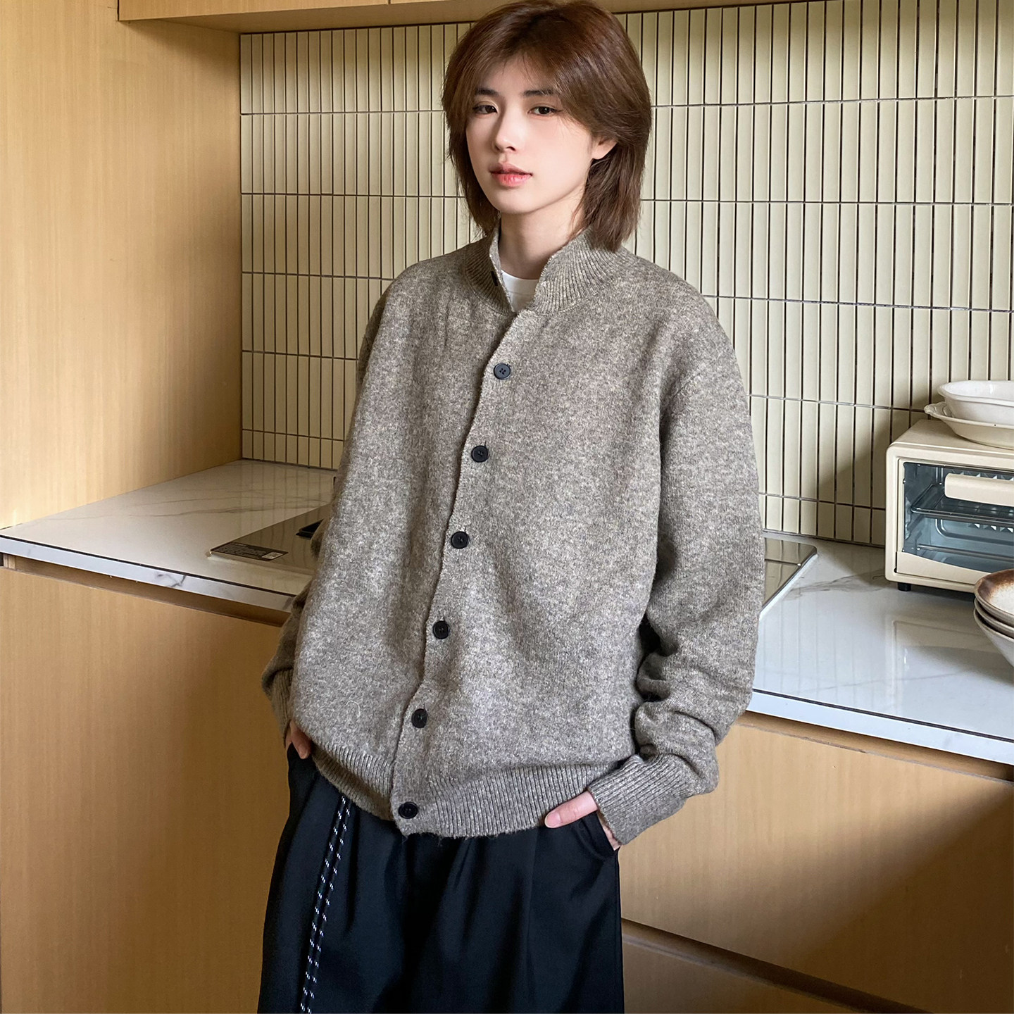 老钱风立领开衫长袖毛衣