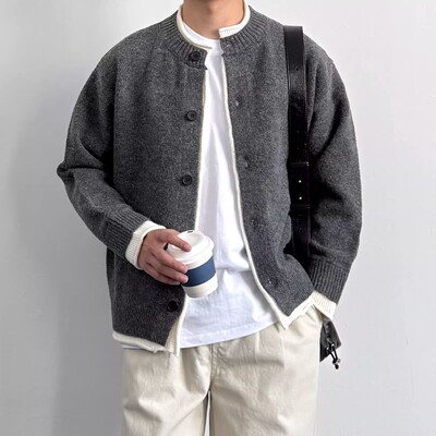 美式复古开衫圆领撞色针织衫毛衣