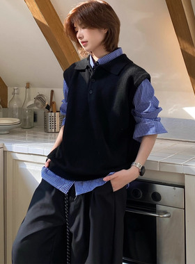 美式复古翻领无袖针织马甲背心男女秋冬慵懒叠穿百搭情侣毛衣马夹