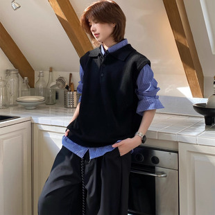 美式复古翻领无袖针织马甲背心男女秋冬慵懒叠穿百搭情侣毛衣马夹