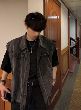 美式做旧水洗牛仔马甲背心男女春秋薄款工装烟灰色马夹坎肩外套潮