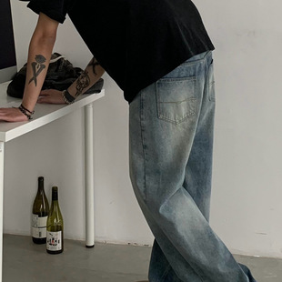 美式复古vintag牛仔裤男女水洗做旧宽松百搭休闲裤垂感阔腿长裤子