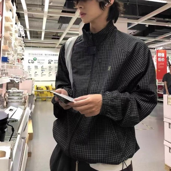 美式复古黑色格纹立领夹克