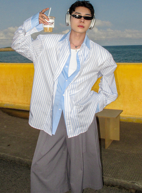 美式复古条纹拼接假两件衬衫男女度假穿搭宽松学院风防晒衬衣外套