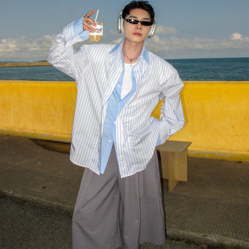 美式复古条纹拼接假两件衬衫