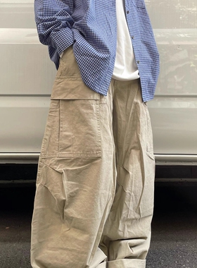 日系复古大口袋水洗弯刀裤春秋男女少年感宽松百搭纯色情侣阔腿裤