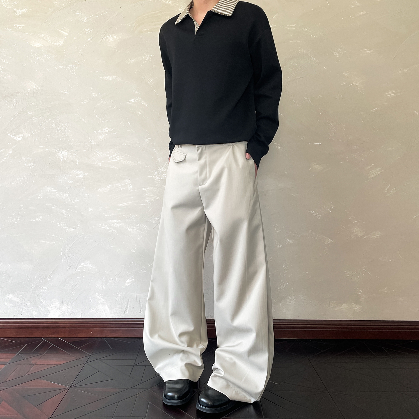 美式复古高级感褶皱弯刀西裤