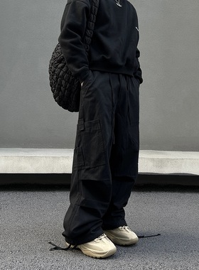 美式复古多口袋黑色工装裤男女春秋百搭直筒伞兵裤宽松休闲阔腿裤