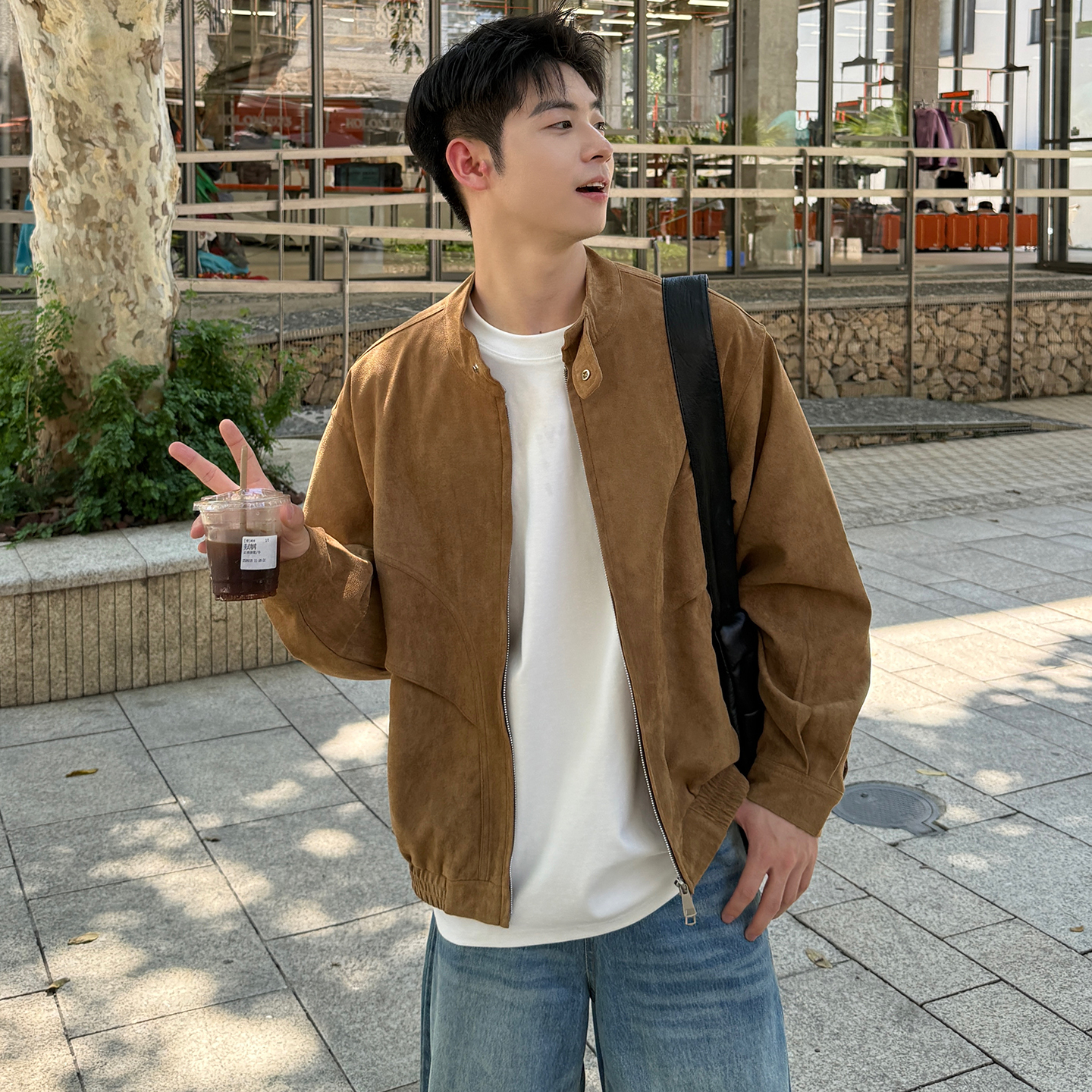 卡其色立领麂皮绒夹克男女2025新款春秋复古宽松休闲工装上衣外套